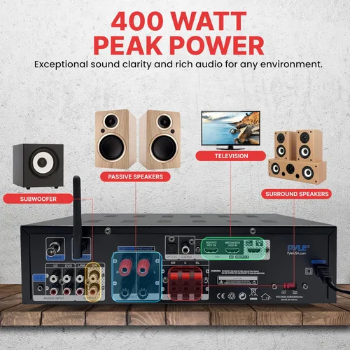 Miniatura 3 de Pyle Receptor Amplificador Estéreo de 400W - Amplificador de Audio BT para el Hogar con Lectores USB/SD, Radio FM, Aux de 3.5mm, Fono, Entradas
