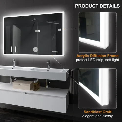 Miniatura 2 de SBAGNO - Espejo de baño LED con luces, 32 x 28 pulgadas, borde 3D, espejo de pared con Bluetooth, antivaho, atenuación continua, 3 colores, espejo
