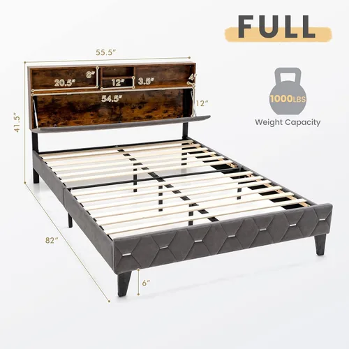 Miniatura 2 de KOMFOTT Base de cama matrimonial tapizada con cabecera de almacenamiento, base de cama de plataforma con estantes abiertos y espacio