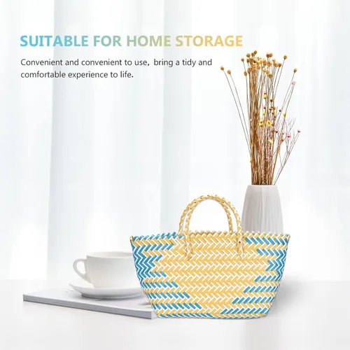 Miniatura 3 de Bolso tejido a mano para mujer, gran capacidad, a rayas, con correa cilíndrica, cesta de picnic duradera para almacenamiento al aire libre