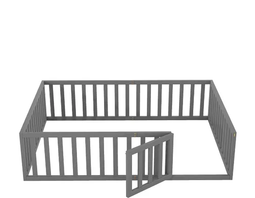 Miniatura 6 de Bellemave Cama de suelo Queen para niños, marco de cama Montessori con barandillas y puerta en forma de valla, cama Queen de madera para niños, Gris
