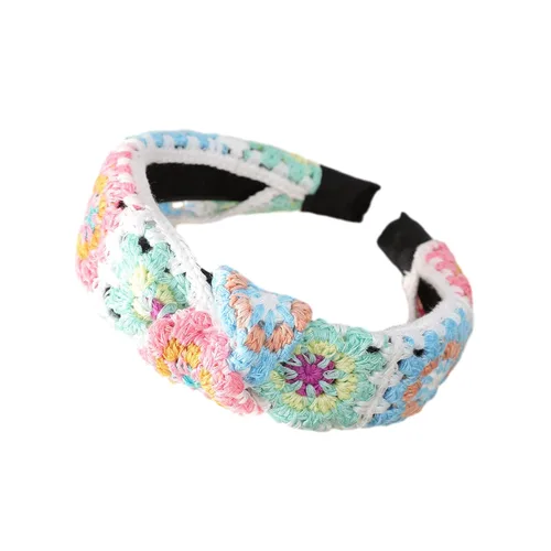 LIANXUE Diadema de punto floral para mujer, turbante elástico, floral, ganchillo, cuadrado, estilo étnico, diadema envolvente para la cabeza