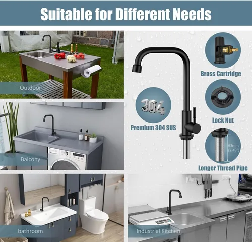 Miniatura 4 de Aolemi Negro frío solo agua grifo de la cocina grifo de barra comercial manija sola palanca 304 acero inoxidable cubierto montado solo agujero