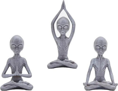 Decoración de estatuas de extraterrestres de yoga (juego de 3) 3 poses de ciencia ficción Zen para sala de yoga, espacio de meditación, sala de