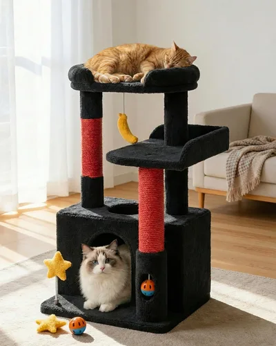 Miniatura 5 de Bonita torre para gatos de interior de 32 pulgadas con condominio para gatos, plataforma de felpa, hamaca, postes rascadores de sisal, bola