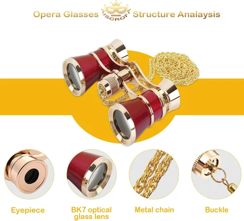 Miniatura 2 de Gafas de ópera de 3 x 25 pulgadas, mini binoculares compactos, ligeros, con cadena para adultos, niños, mujeres, en concierto musical