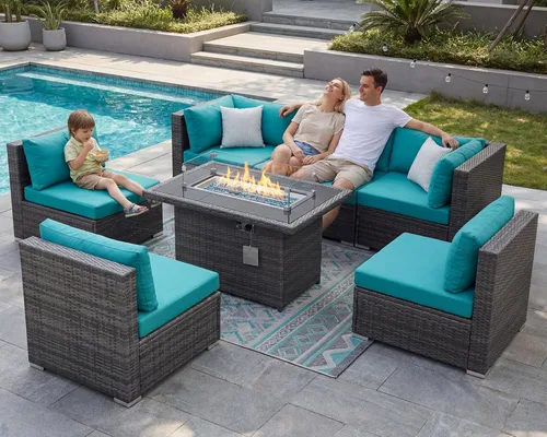Miniatura 78 de NICESOUL Juego de muebles de patio para exteriores de 7 piezas con mesa para hoguera, gas natural y propano convertible, respaldo alto de 29.3