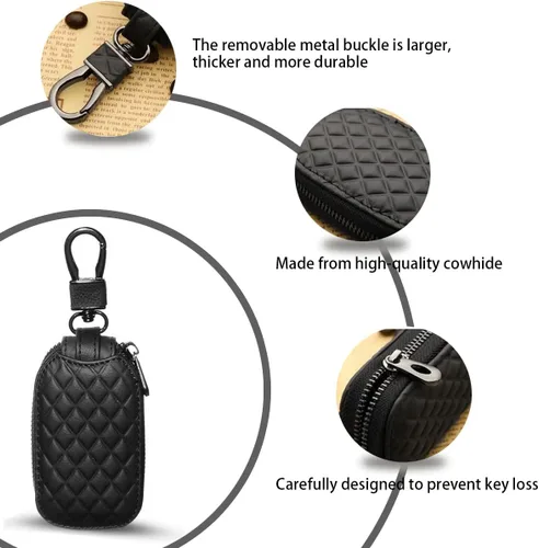 Miniatura 3 de BELOMI Estuche para llaves de auto, funda de llave remota de cuero genuino, llavero con gancho de metal, bolsa con cremallera para llave de vehículo