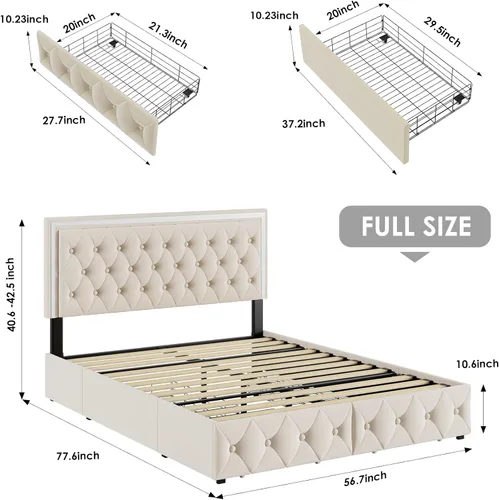 Miniatura 2 de Keyluv - Base de cama tapizada completa con LED, con 4 cajones, cama de plataforma de terciopelo con cabecera ajustable tapizada con botones