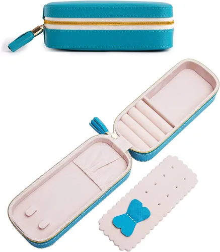 SANQIANWAN Pequeña caja organizadora de viaje de joyería con piel sintética, estuche portátil de almacenamiento de joyas para collares, anillos,