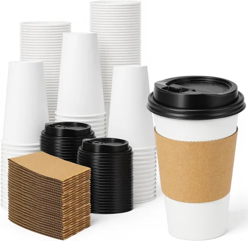 Lamosi Paquete de 100 tazas de café desechables de 16 onzas con tapas y mangas, a prueba de fugas, tazas de café de papel con tapas, bebidas