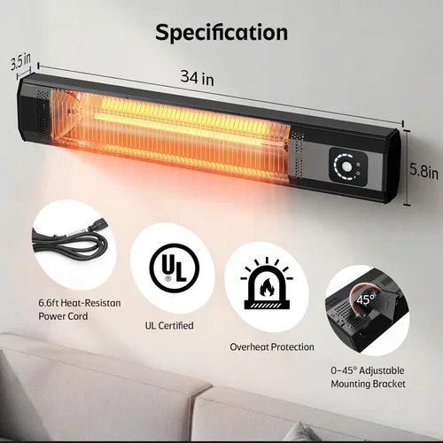 Miniatura 9 de Calentador eléctrico de pared para patio, calentador infrarrojo de 34 pulgadas y 1500 W con sensor de movimiento, IPX5 impermeable, 9 niveles