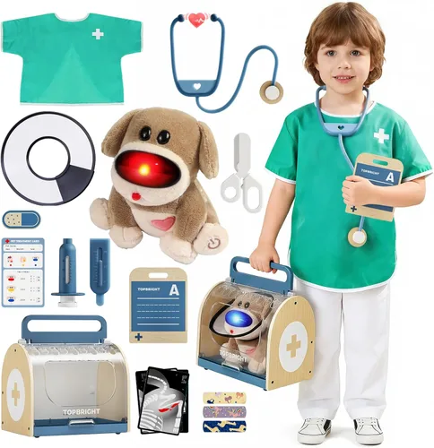TOP BRIGHT Kit de médico para niños pequeños de 3 a 5 años, juego de simulación con disfraz y kit médico de madera, juguetes de vestir para niños,