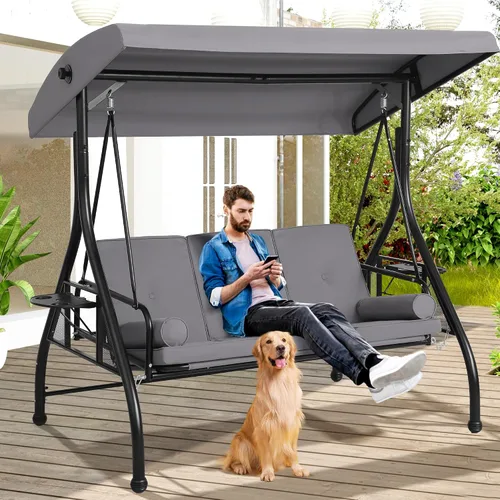 Miniatura 6 de Grepatio Columpio de porche para exteriores de 3 asientos con toldo ajustable, cama columpio convertible para 3 personas con soporte, columpio
