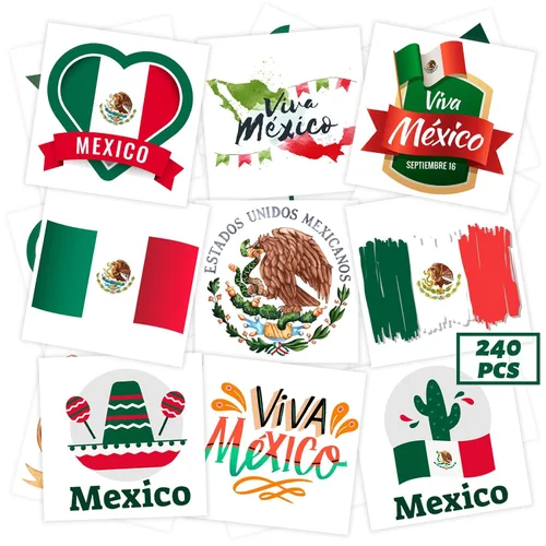 240 tatuajes temporales para el Día de la Independencia mexicana, calcomanías impermeables de seguridad a granel, juguetes de tatuajes temáticos de