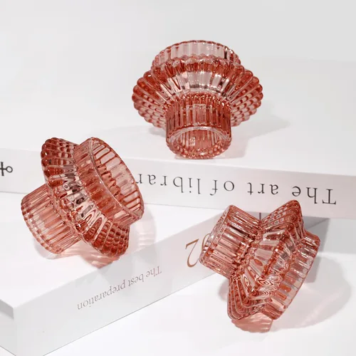 Miniatura 8 de Juego de 3 portavelas reversibles, cónicos de cristal rojo y candelita para centro de mesa, boda, fiesta, decoración del hogar Marrón rojizo