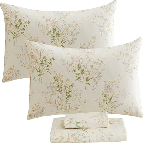 Miniatura 63 de FADFAY Juego de sábanas tamaño King, 100% algodón, elegante ropa de cama de granja con hojas verdes menta y flores blancas, sábana suave