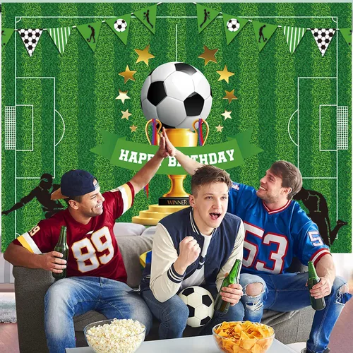 Miniatura 5 de Cartel de fondo de feliz cumpleaños de fútbol de 5 x 3 pies, decoraciones de fiesta temática deportiva para niños y niños, suministros de fiesta