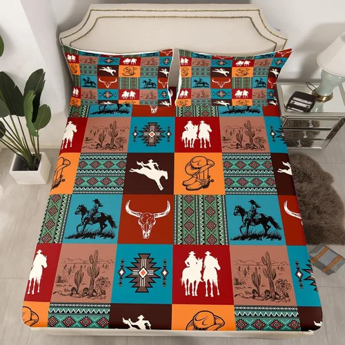 Miniatura 11 de Homewish Western Fitted Sheets Twin Size (No Flat),Retro Country Tribal Bedding Set 2Pcs,Kids Girls Boys Room Decor,Southwest Aztec Stripes Bed
