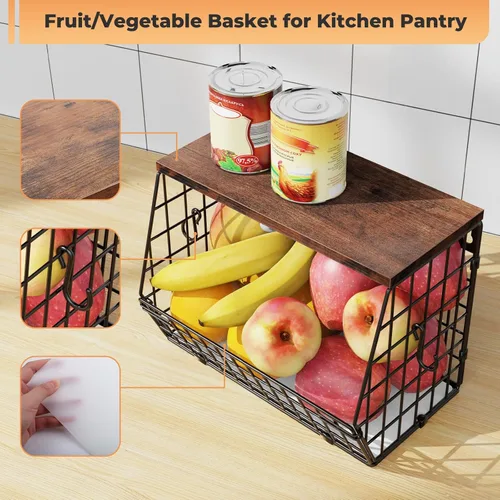 Miniatura 3 de Frutero apilable para encimera de cocina, cesta colgante montada en pared, cesta de alambre con tapa de madera con ganchos para colgar plátanos