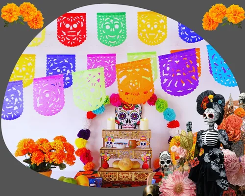 Miniatura 2 de Papel picado Dia de Los Muertos, Papel para Ofrendas, Altar y Otros Pequeños Espacios 5 Paquetes Tamaño Mini Ovalado Multicolor
