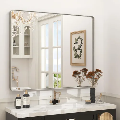 Miniatura 126 de Paquete de 2 espejos de baño con marco de metal negro de 22 x 30 pulgadas, espejo rectangular redondeado negro mate, antioxidante, se cuelga