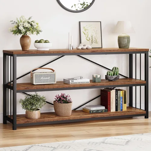 Miniatura 22 de LVB Mesa consola industrial, mesa de sofá de metal y madera, mesa de entrada rústica con almacenamiento, moderno estante de 3 niveles mesa larga