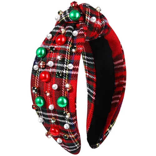mokkia Diadema de Navidad para mujer, diadema de Navidad, con lazo, reno, copo de nieve, rojo y verde, con diamantes de imitación, diadema anudada