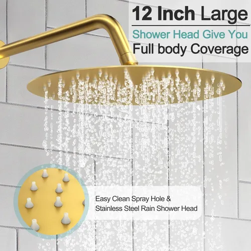 Miniatura 4 de SR SUN RISE Sistema de ducha de 12 pulgadas de oro cepillado, kit de montaje en pared ajustable con barra deslizante de 16 pulgadas, grifo de ducha