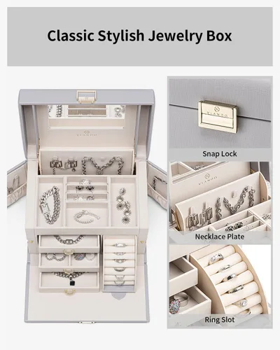 Miniatura 50 de Vlando Joyero de piel sintética, organizador mediano de joyería, regalo vintage para mujer, patrón de cruz rosa