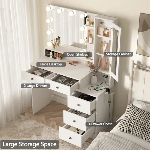 Miniatura 7 de Fameill Escritorio de maquillaje blanco con espejo y luces, mesa de tocador con tira de alimentación y espejo iluminado, mesa de maquillaje grande