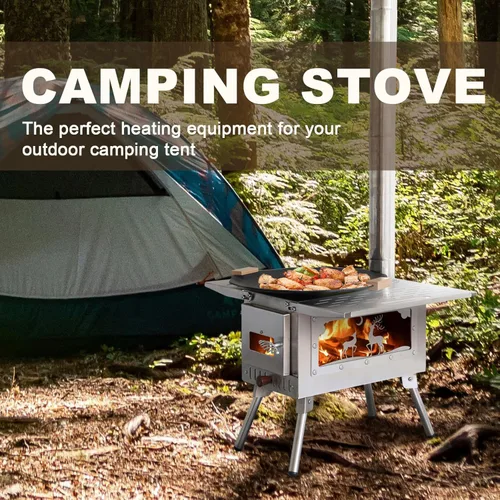 Miniatura 6 de Estufa para Tienda de Campaña al Aire Libre Estufa de Camping Portátil Estufa de Acero Inoxidable con Tubo de Chimenea para Cocinar al Aire Libre