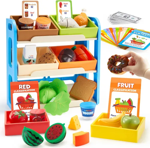 JOVA lalalark Play Food para niños pequeños, juego de tienda de comestibles para niños, juguete de cocina con estantes de almacenamiento y 6 cajas,