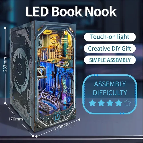 Miniatura 5 de Cyberpunk - Kit de rincón de libro, kit de casa de muñecas de bricolaje 3D rompecabezas de madera con decoración futurista LED, decoración del hogar