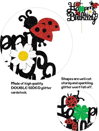 Miniatura 3 de Decoración para tartas de mariquitas, decoración de feliz cumpleaños para niños y niñas, mariquita con purpurina, trébol de margaritas, suministros