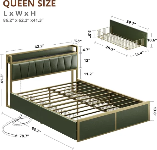 Miniatura 2 de LIKIMIO Armazón de cama Queen con 4 cajones de almacenamiento, cama de plataforma con cabecera con carga, resistente y estable, sin ruido, no Verde