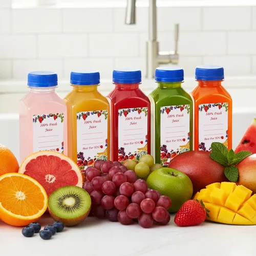 Miniatura 5 de SUPERLELE 10 botellas de plástico para jugo de 12 onzas con 10 tapas negras y 10 tapas azules, recipientes de jugo reutilizables con tapas