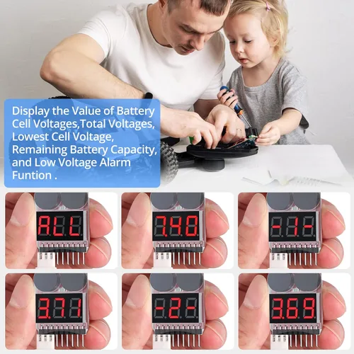 Miniatura 3 de CAMWAY Probador de voltaje de batería Lipo, 5 unidades, 2 en 1, 1-8s, alarma de zumbador de bajo voltaje, probador de monitor de batería para 1-8s
