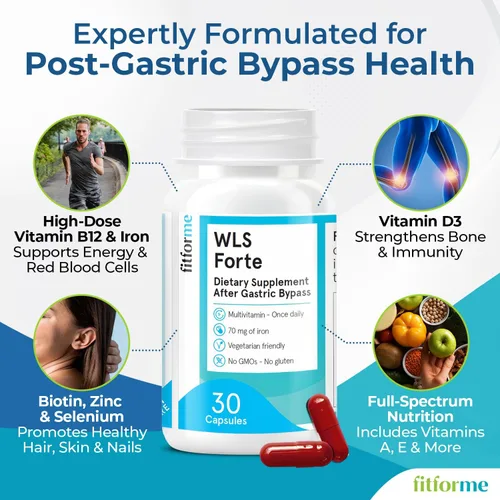 Miniatura 5 de FitForMe Multivitamínico bariátrico con hierro, diseñado para cirugía de bypass gástrico – cápsula de un día, suministro para 30 días, cápsula WLS