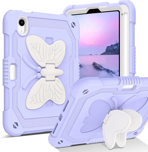 Miniatura 9 de DUEDUE Funda para iPad mini 7 (A17 Pro) 2024, iPad mini 6 2021, alas de mariposa con soporte para lápiz, funda protectora a prueba de golpes