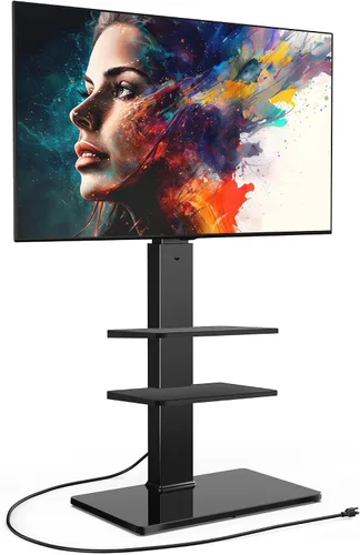 FITUEYES Soporte de TV de suelo para TV de 32 a 75 pulgadas con toma de corriente, soporte de TV alto para dormitorio, sala de estar con base de