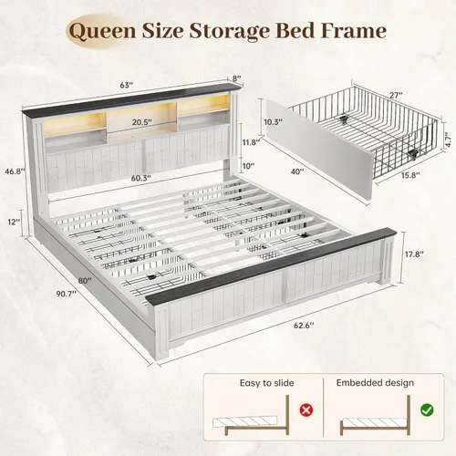 Miniatura 2 de EnHomee Base de cama Queen con cabecero y 4 cajones de almacenamiento, luces LED y puertos de carga, no necesita somier para apartamentos, sin