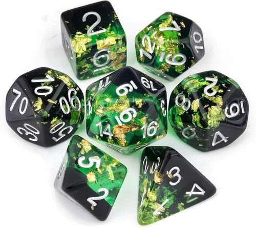 Miniatura 28 de Haxtec DND Conjunto de Dados 7 Piezas Conjunto de Dados de Resina Negro con Inclusión de Mylar Iridiscente Dados Poliédricos D&D