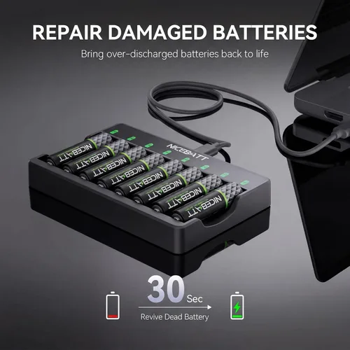 Miniatura 7 de NICEBATT Baterías AA recargables con cargador, 2800 mAh de alta capacidad baja autodescarga Ni-MH doble A, paquete de 8