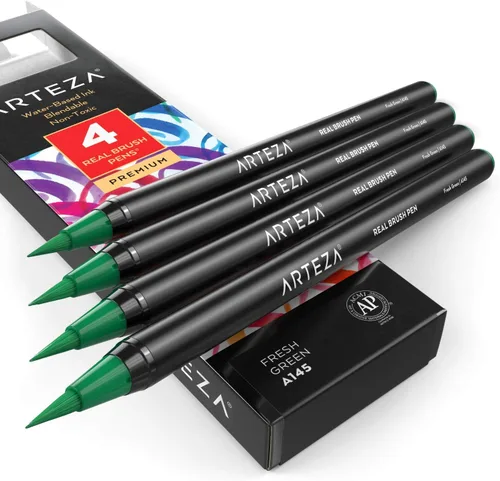 Miniatura 23 de Arteza Bolígrafos de pincel real, A174 gris delfín, paquete de 4, bolígrafos de acuarela con puntas de pincel de nailon, suministros de arte