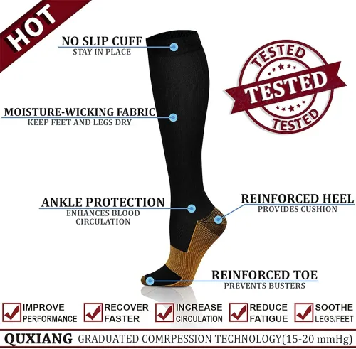 Miniatura 4 de QUXIANG Calcetines de compresión de cobre para mujer y hombre (8 pares) Lo mejor para correr atletismo ciclismo 15-20 mmHg, Cobre