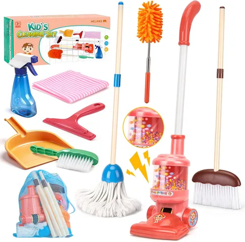 Meland Juego de limpieza para niños, 8 piezas de escoba y aspiradora de juguete, juguetes de limpieza de casa para niños, regalo de cumpleaños de