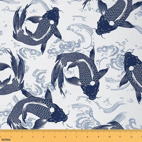 Miniatura 46 de Feelyou Tela de Olas del Océano por el Patio, Tela de Tapicería Japonesa Hokusai Olas para Sillas, Estilo Oriental Tradicional Náutico Marino