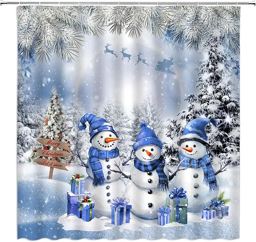Miniatura 3 de Juego de 4 cortinas de ducha de muñeco de nieve con alfombra, diseño de árbol de pinos de invierno, lindo muñeco de nieve azul, juego de baño