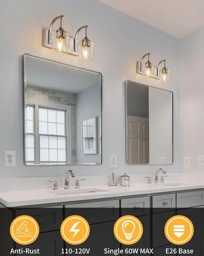 Miniatura 3 de foucasal Accesorios de Luz de Baño de Níquel Cepillado Luz de Tocador de Baño con Pantalla de Vidrio Transparente, 2 Luces Modernas de Pared